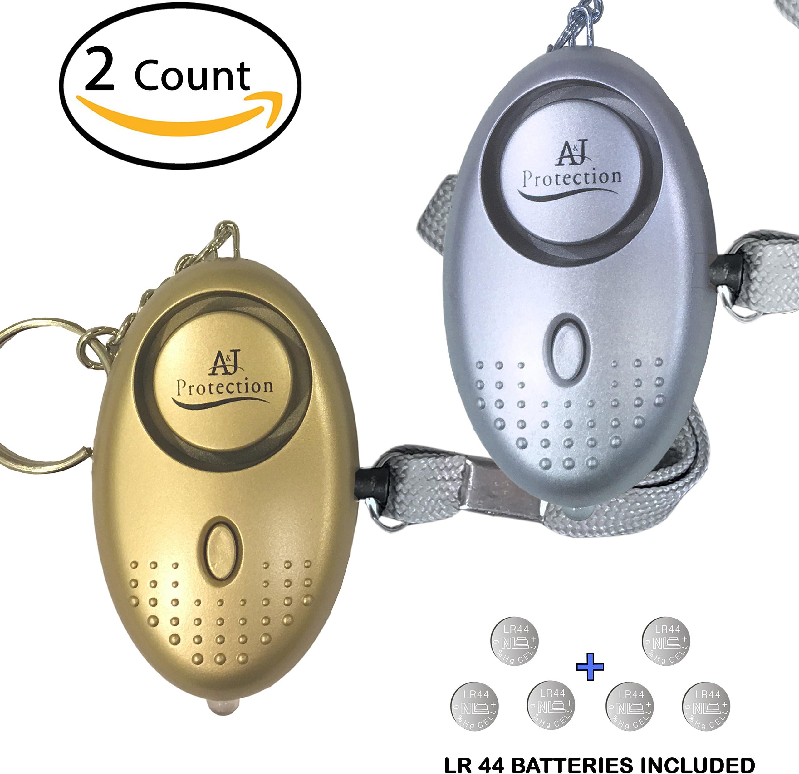 ANJ Protection 2PK 130-135 dB Premium Emergency Personal Alarms for Women, Elderly and Kids | Rip Cord Activation | Loud Self Defense Keychain Alarm with Flash Light (Free Batteries Included)
