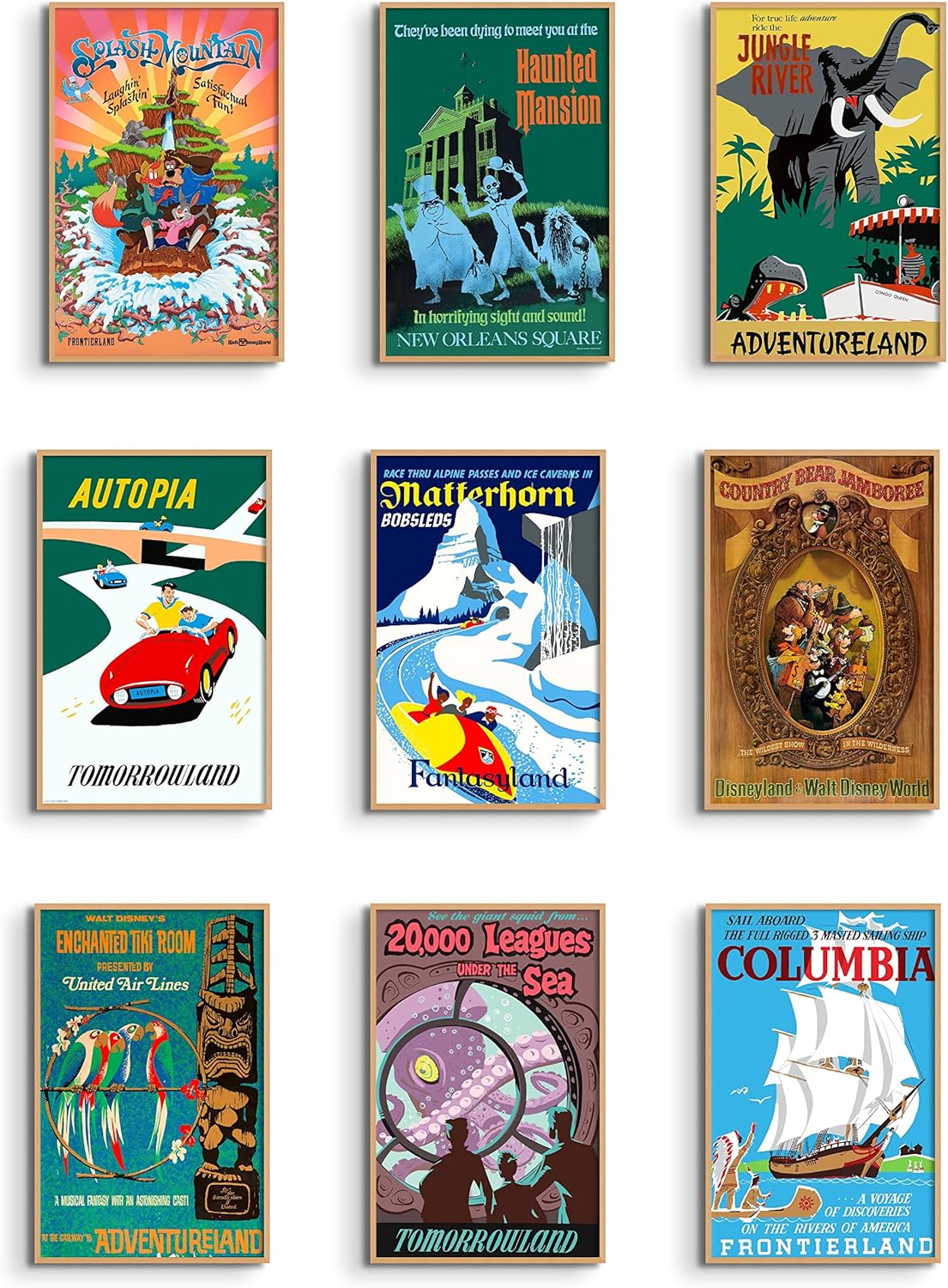 Wall Décor - Vintage Disney Posters, The Haunted Mansion Poster, Splash Mountain, 20,000 Leagues Under the Sea, Jungle River, Matterhorn, Disney Ride Reproduction Wall Art 11x17 set of 9 Disney Poster Print