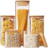 HomArtist Square Glass Jars with Bamboo Lids [Muti Size Set of 5], Glass Canisters with Airtight Lids, Glass Food Storage Containers for Pasta, Cereal, Flour, Sugar, Best for Kitchen &amp; Pantry