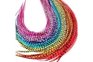 FEATHER HEADZ 50 Rainbow Grizzly Color Hair Feathers - 9”- 14” Long - Feathers for Hair Extension, Rooster Feathers DIY Kit - Eye-Catching Design - 50 Micro-link Beads - 100% Real Rooster Feathers