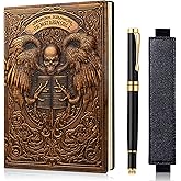 FEIDIAO Vintage Skull Embossed Leather Notebook Travel Journal with Ballpoint Pen and Pen Sleeve PU Leather Journal,A5 Diary, Hardcover Liner, Writing Notebook Gift for Men&Women (Red Copper)