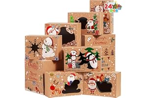 JOYIN 24PCS Christmas Cookie Boxes for Gift Giving, 8.75" x 5.75" x 2.75" Xmas Holiday Bakery Treat Boxes with Window, Kraft Cookie Tin Containers Box for Baked Goods, Cupcake, Pastry, Brownies, Candy