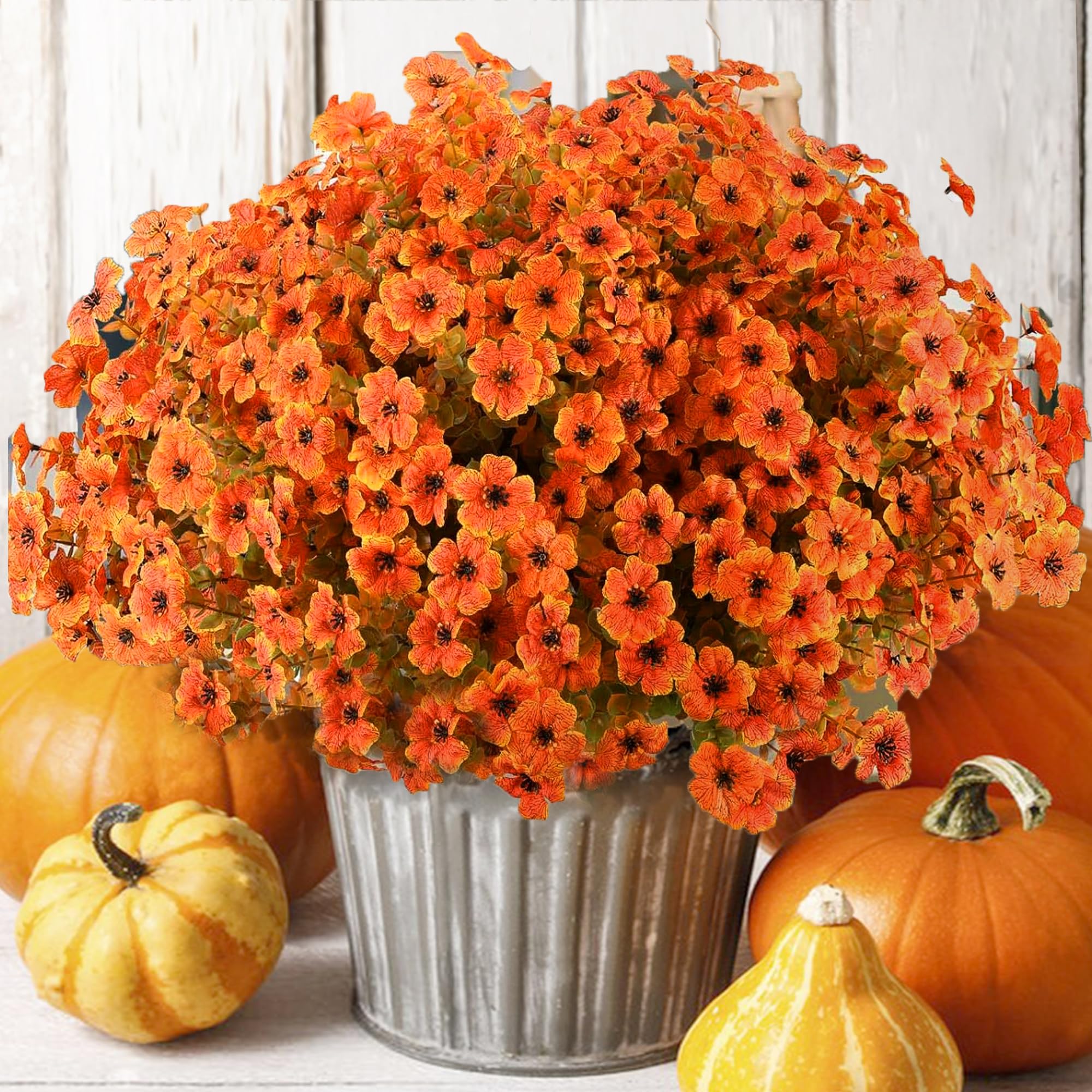 Photo 1 of 16 Bundles Artificial Mums for Outdoors Garden Home Decoration Fake Mums Decoration 4 Style UV Resistant Lifelike Faux Silk Daisy for Outside Home Planter Front Porch Patio No Fade Fall Decor