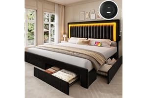 YITAHOME King Size Bed Frame with Adjustable Headboard, 4 Storage Drawers and RGB LED Lights, Velvet Upholstered Platform Bed with USB Ports, No Box Spring Needed, Fast Assembly, Noise-Free, Black