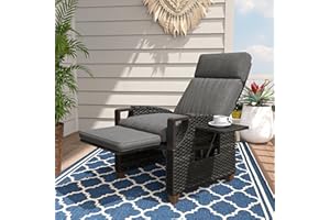 Grand patio Outdoor Recliner with Independent Adjustable Back and Footrest, Air Pump 150° Lay Flat Reclining Chair Removable Olefin Cushion Flip-Up Table Wicker Grey 1PC