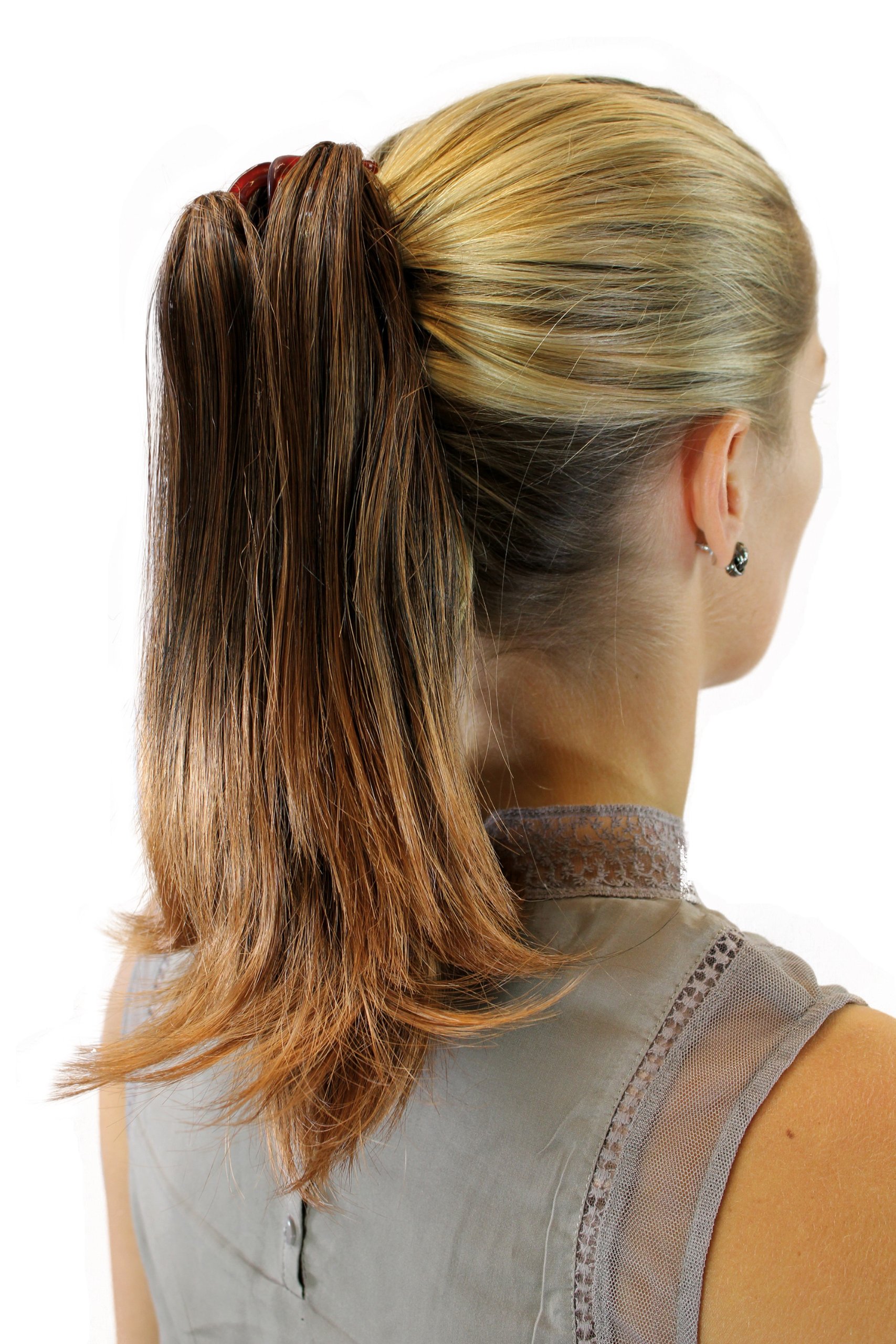 WIG ME UP - JL-0043-2T30 Ponytail Hairpiece extension medium length straight dark brown streaked with light copper brown highlighs chestnut claw clamp 12inch