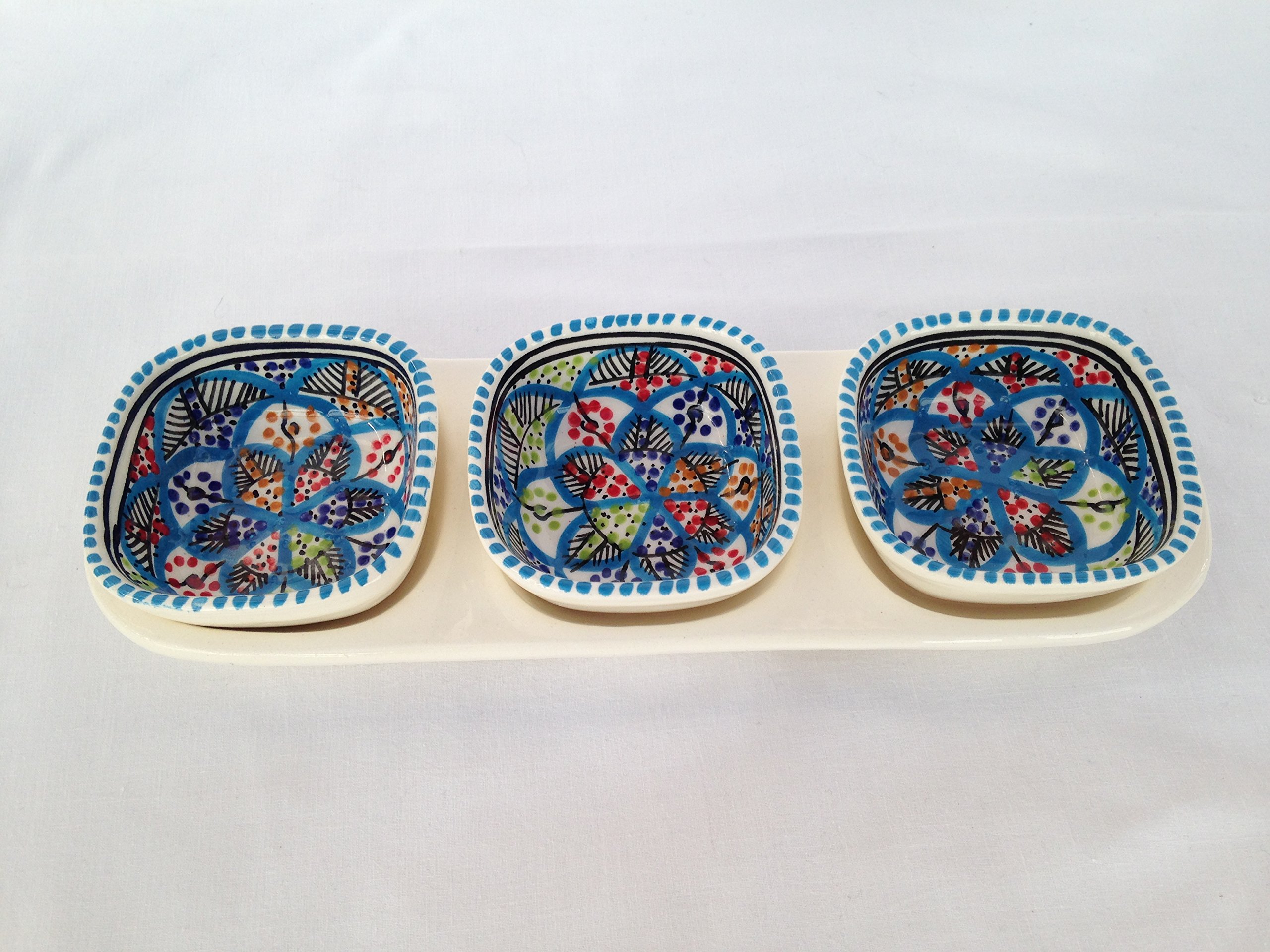 Tunisian Rainbow & Chrysanthemum Designs Dips, Nibbles, Tapas, Snacks. Set of Three Bowls On Tray Hand Made, Hand Painted. (Tunisian Rainbow)
