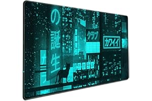 DSKGSJH Cyan Green Japanese Desk Mat, Neon Tokyo Extended Mouse Pad Anime Cat Desk Pad, Gaming Mousepad XXL, Large Keyboard Mat for Gamers, Cool Computer Mat for Desk with Stitched Edges 31.5X15.7 in