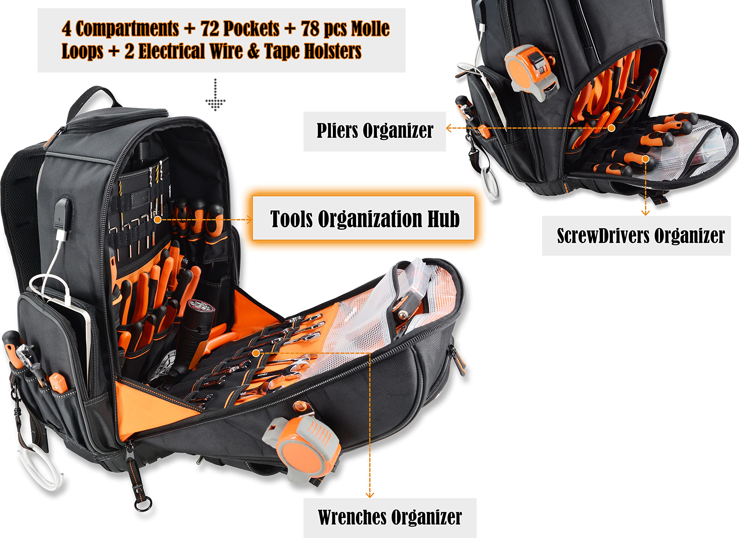 WELKINLAND 72Pockets Rolling Tool backpack, Large tool bag with wheels, Rolling Electrician bag with wheels for men