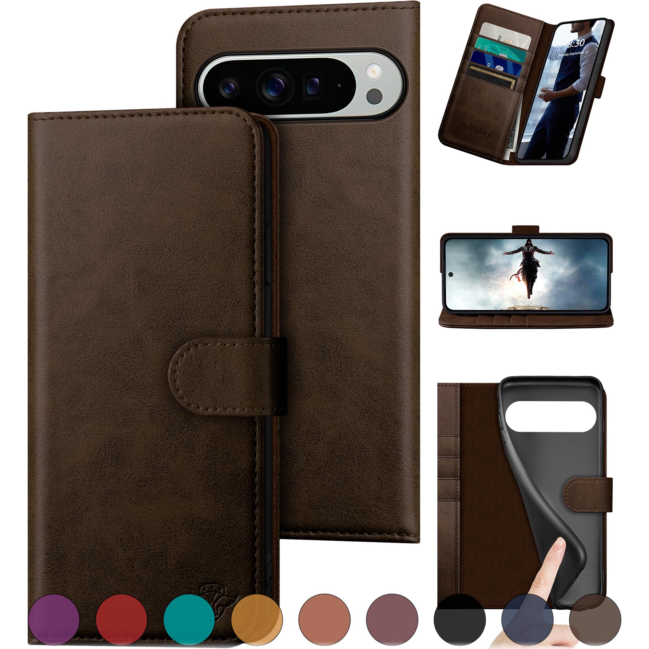 Photo 1 of DuckSky for Google Pixel 9 Pro XL 6.8" 5G Genuine Leather Wallet case?RFID Blocking??4 Credit Card Holder??Real Leather? Flip Phone Cover Women Men for Pixel 9 Pro XL case Brown