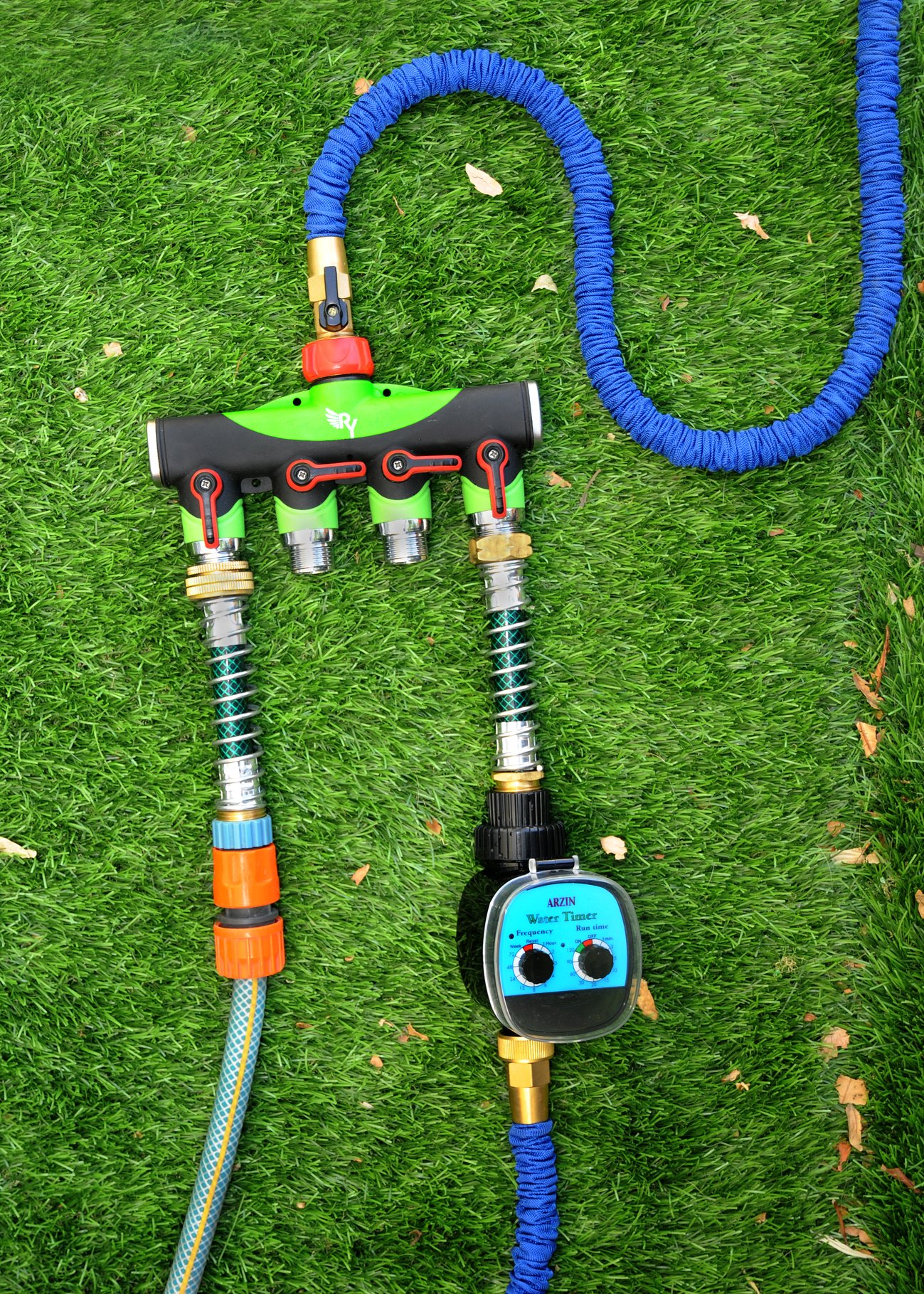 RAAYA 4 Way Hose Splitter With Short Garden Coil Hose Arthritis Friendly leak-proof Water Splitter Quick Switch Connector Ball Valve Rubber Washers Ultra High Flow at Four Outlets One Year Warranty