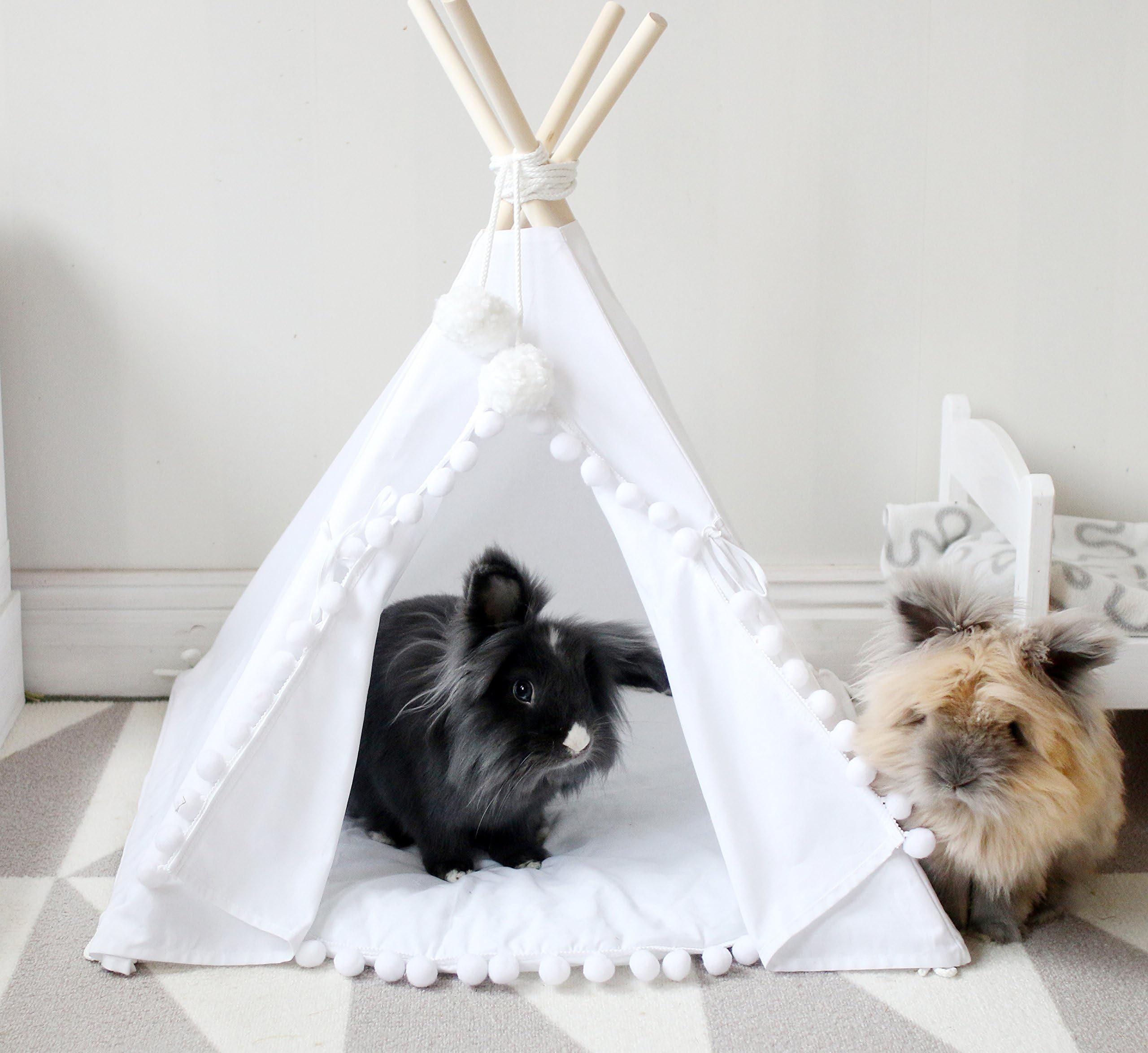 MINICAMP Rabbit Teepee with a Matching Pompom Pad Portable Pet house with Mat – Boho Tipi Tent for Small Dogs
