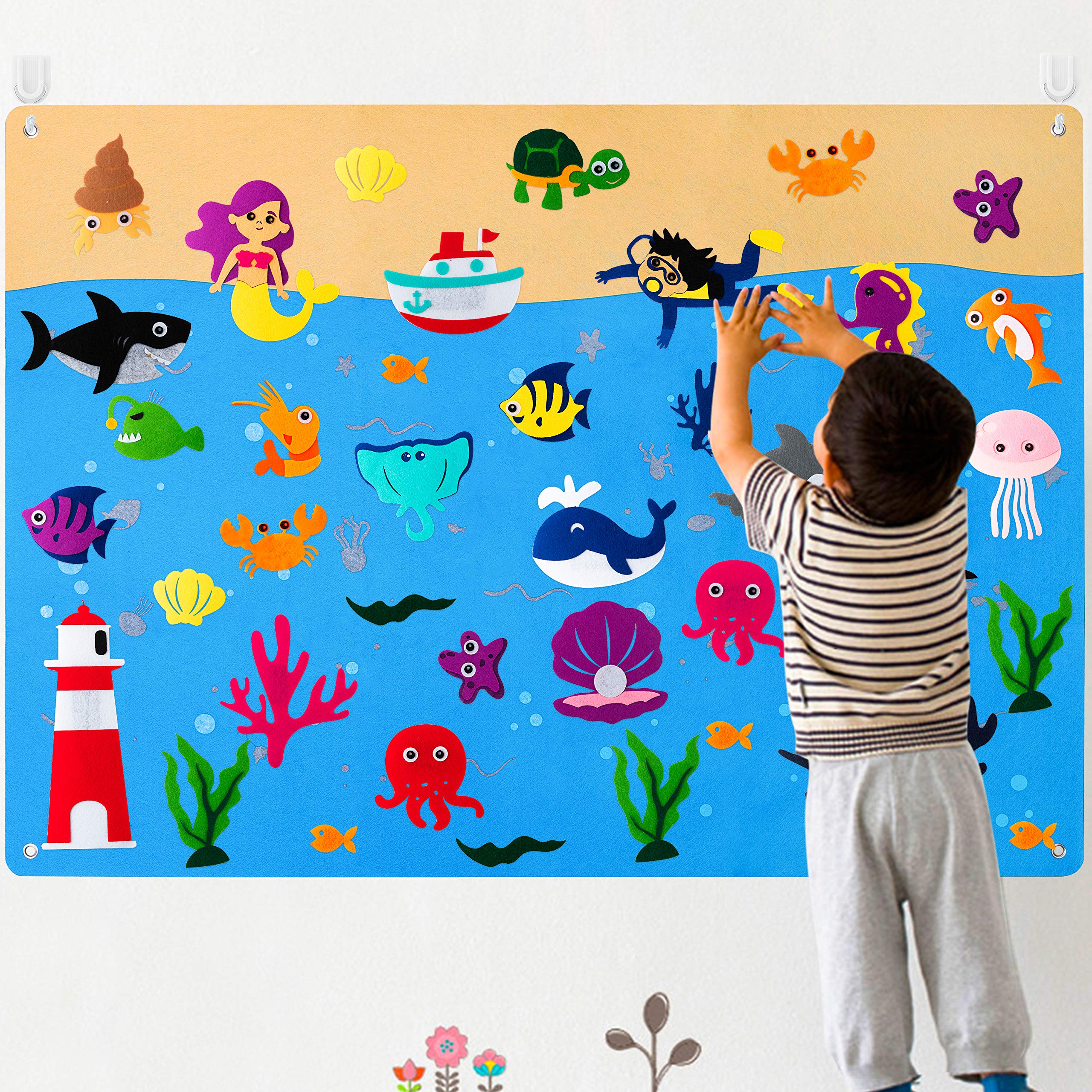 WATINC 45Pcs Sea Animal Felt Story Board Kit for Kids 3.5 Ft Ocean World Storytelling Set Reusable Flannel Sea fish Toys Hanging Educational Toys Birthday Gift for Boys Girls