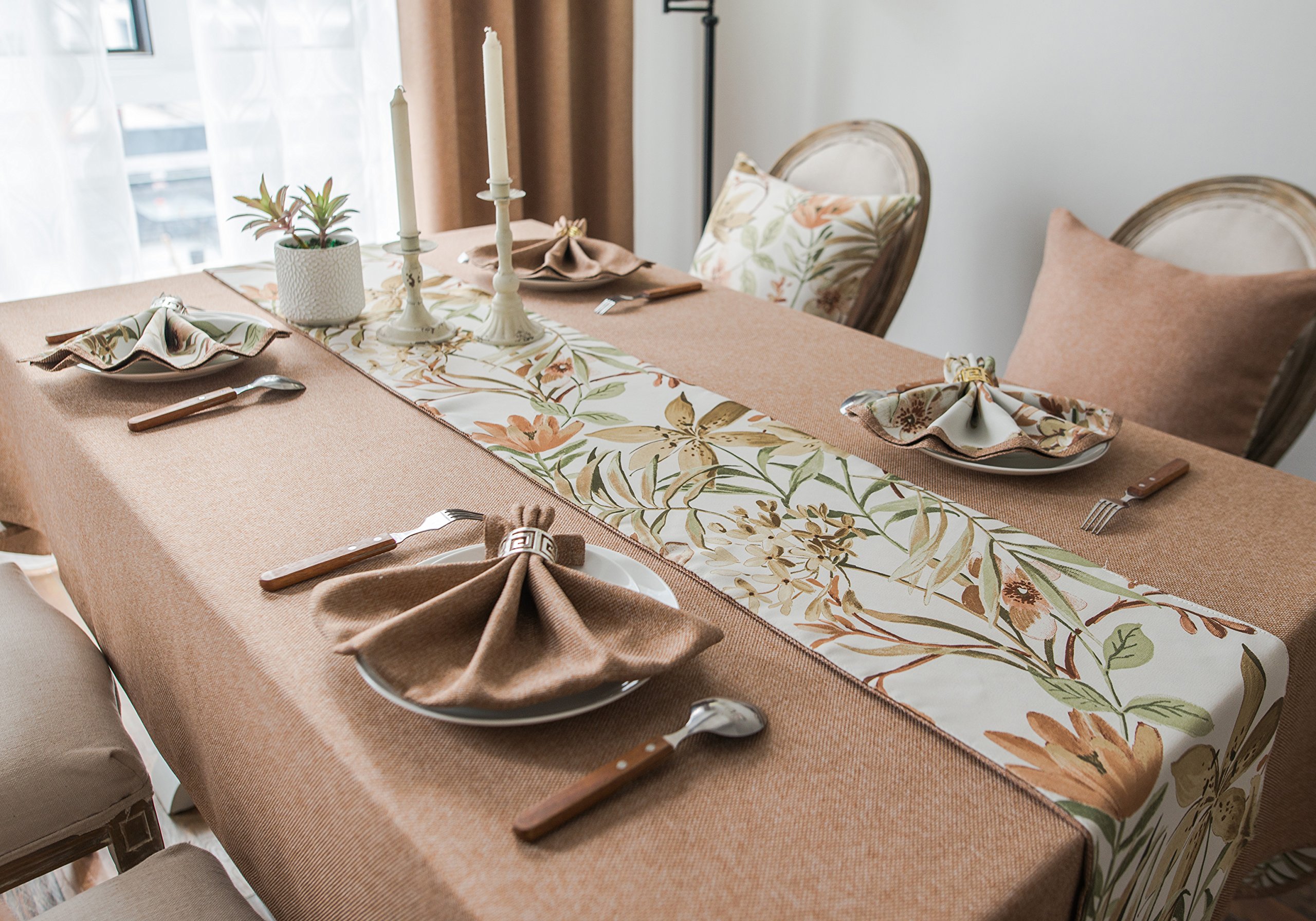 Foulola Folding Table Runner Rug,Burlap Linen,12X104inch, Double Sided Design (Pure Brown and Chinese Painting Style),For Dining, Party, Wedding, Coffee, Home Decoration