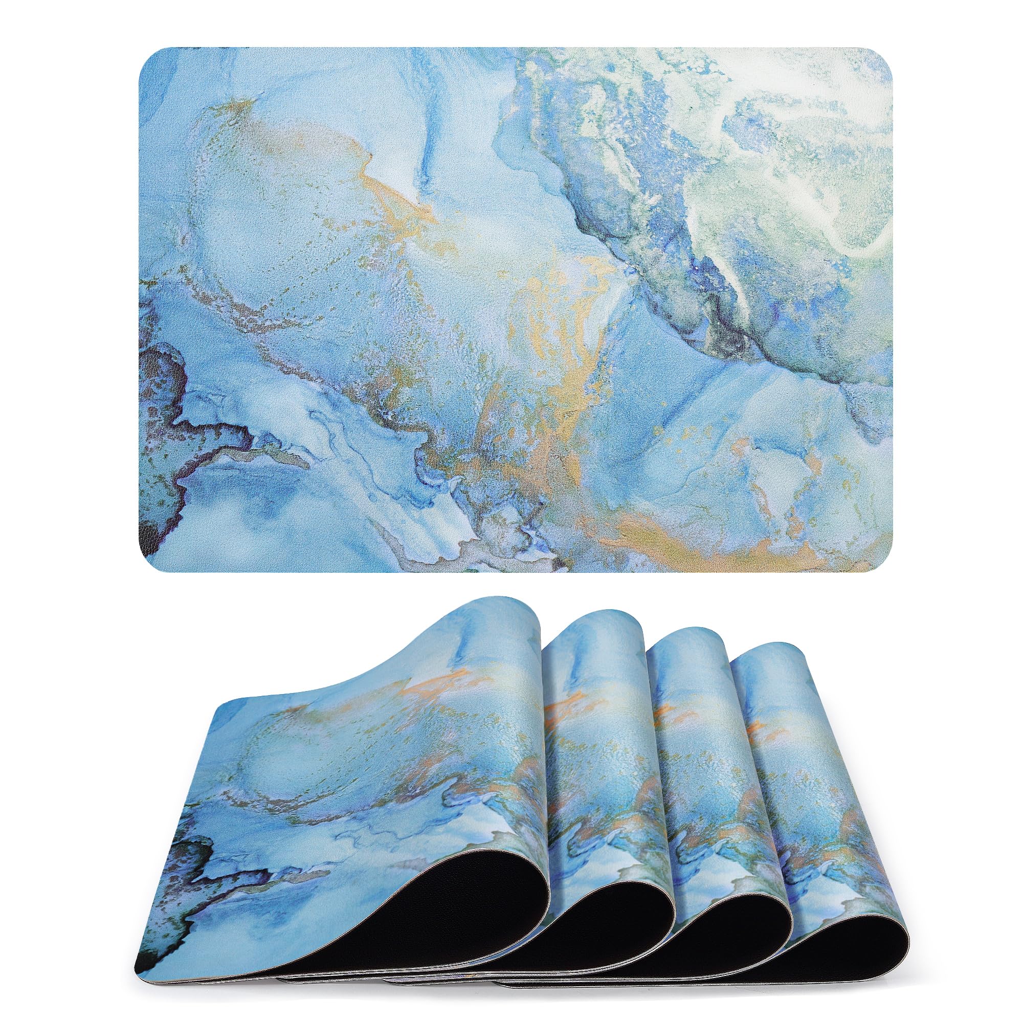 Fanquare Marble Placemats - 6 Pcs Morandi Style Washable Gradient Blue Gold Heat Resistant 43x30 cm