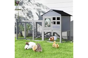 COZIVVOVV 48" L Large Rabbit Hutch Outdoor Indoor, Expandable 2-Story Wooden Bunny Cage with Run, Removale Tray, 3 Entrances, Grey + Colorful Pattern