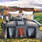 NEWLAKE Cotton Patchwork Bedspread, 3-Piece Bedding Quilt Set with Real Stitched Embroidery, Reversible Matelasse Bed Coverlet Set,Vintage Flowery Grid,King Size