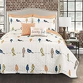 Lush Decor Rowley Birds Quilt Set, 7 Piece Set, Full/ Queen, Multi - Reversible Bird Bedding Set With Pillow Cases & Throw Pillows - Colorful, Whimsical, & Playful Floral Bird Print