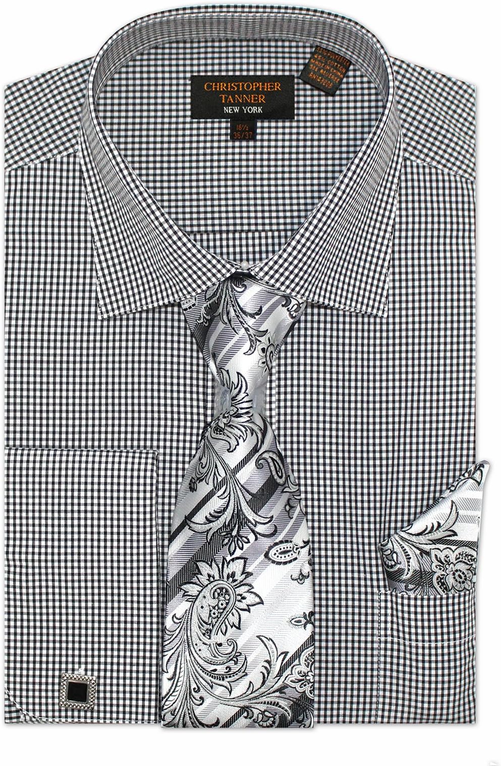 Christopher Tanner Men's Regular Fit Checks Pattern Dress Shirts with Tie/Hanky Cufflinks Combo Color Black Size 16.5" Neck 34/35" Sleeve