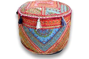 The Harry Creations Decorative Patchwork Comfortable Indian Ottoman Ethnic Cotton Cushion Bean Bag Designs Floor Embroidered Pouf Cover (Alteration-Mirror, 14"x22")