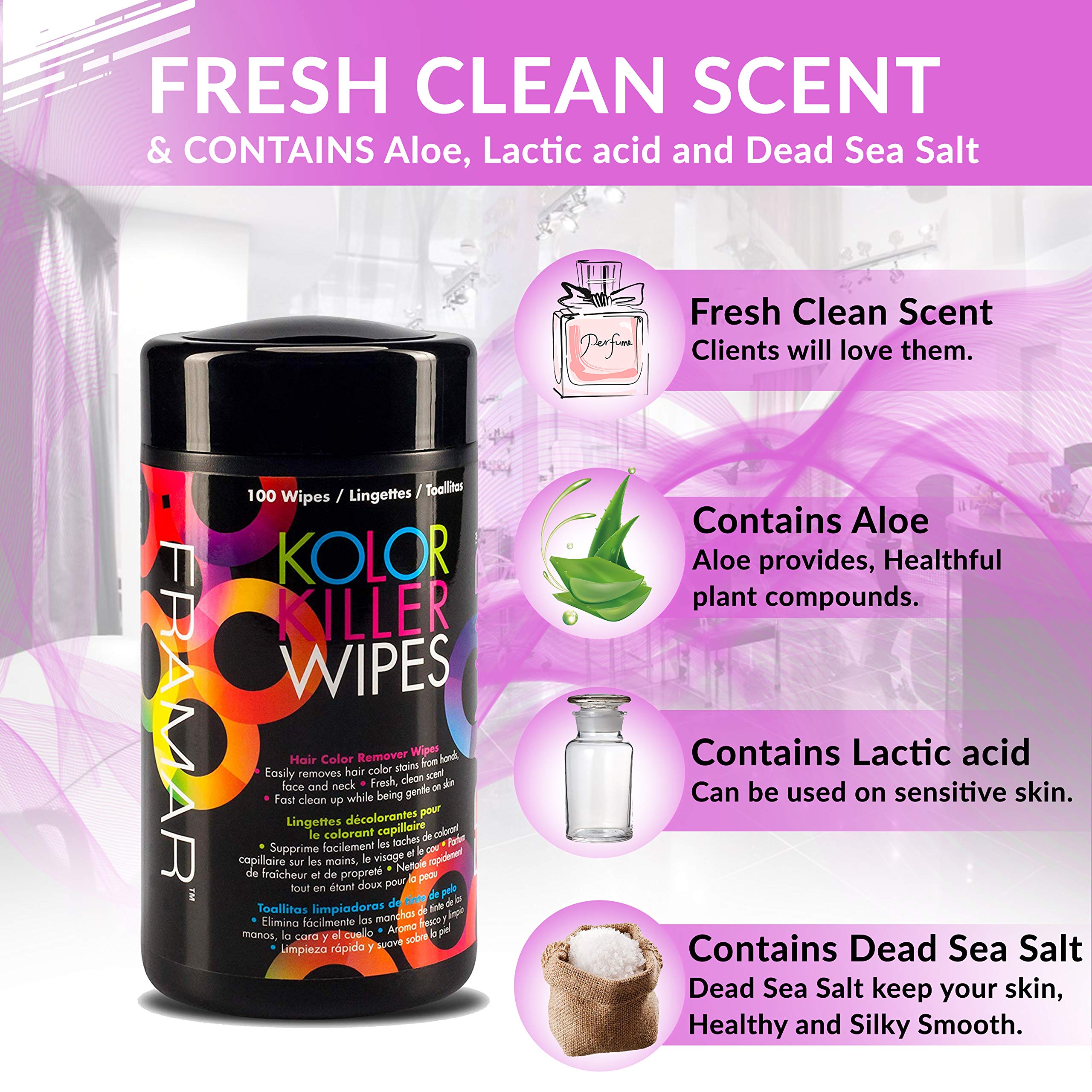 FRAMAR Kolor Killer Wipes – Hair Dye Remover For Skin, Hair Color Remover For Dyed Hair, Gentle on Skin, Pleasant Scent – Wipes Dispenser of 100