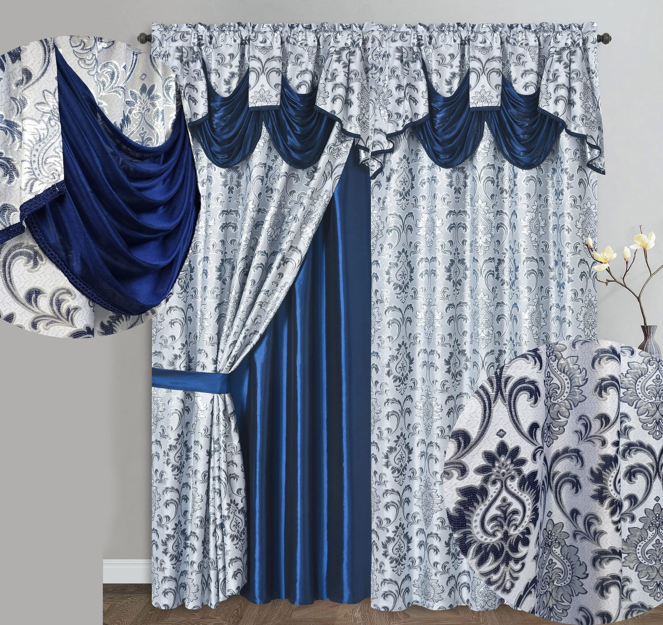 GOHD Samba Star. Jacquard Window Curtain Panel Drape with Attached Fancy Valance and Taffeta Backing. 2pcs Set. Each pc 54" Wide x 90" Drop with 18" Valance. (Navy Blue)