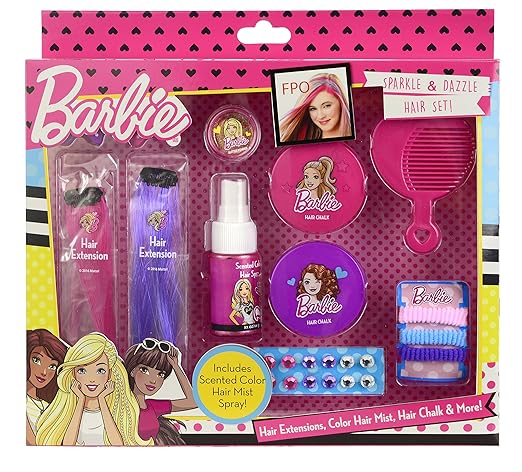 Funkelndes 13-teiliges Barbie Haar-Set – bunte Haarsträhnen, farbiges und duftendes Haarspray, Haarspangen, trendige Haar-Kre