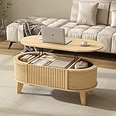 LYNCOHOME Fluted Lift Top Coffee Table with Storage,Modern Oval Coffee Table for Living Room Or Home Office（Natural）