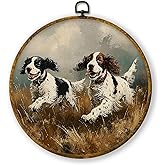 QZQE Rustic English Springer Spaniel Round Wall Art Decor Framed, Cottagecore Hunting Dog Circle Canvas Prints, English Sprin
