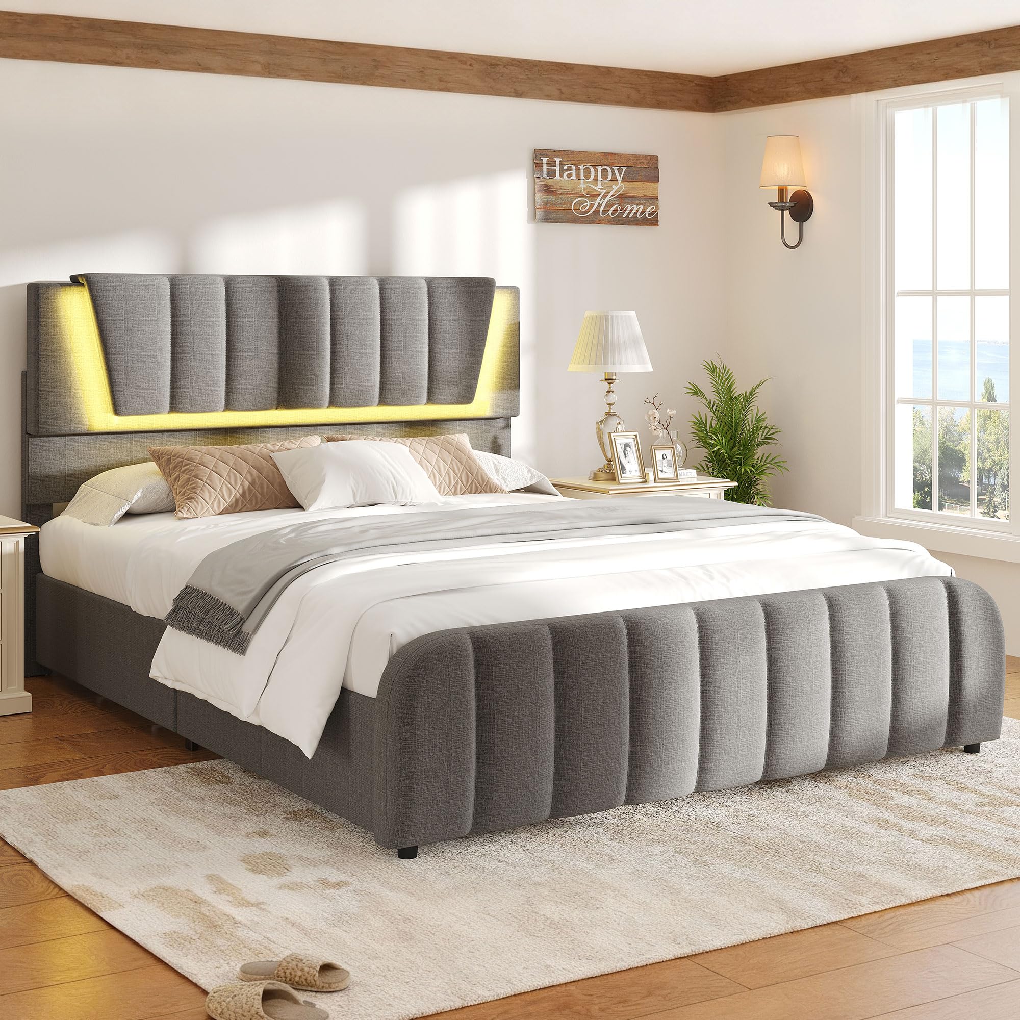 Photo 1 of *MISSING PARTS*
Decofy Queen Size LED Platform Bed Frame with Soft-Glow Mood Lighting & Adjustable Upholstered Headboard, Modern Linen Bed with Storage Drawers, Heavy Duty Metal Support, No Box Spring Needed, Grey