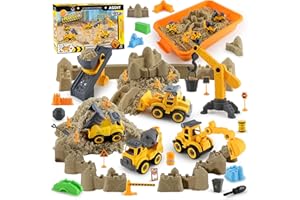 Asoxt 43-Piece Construction Sensory Playset – 2 lbs Play Sand, 4 DIY Trucks, Crane & Road Signs – Creative Sandbox Toy for Kids Ages 3+