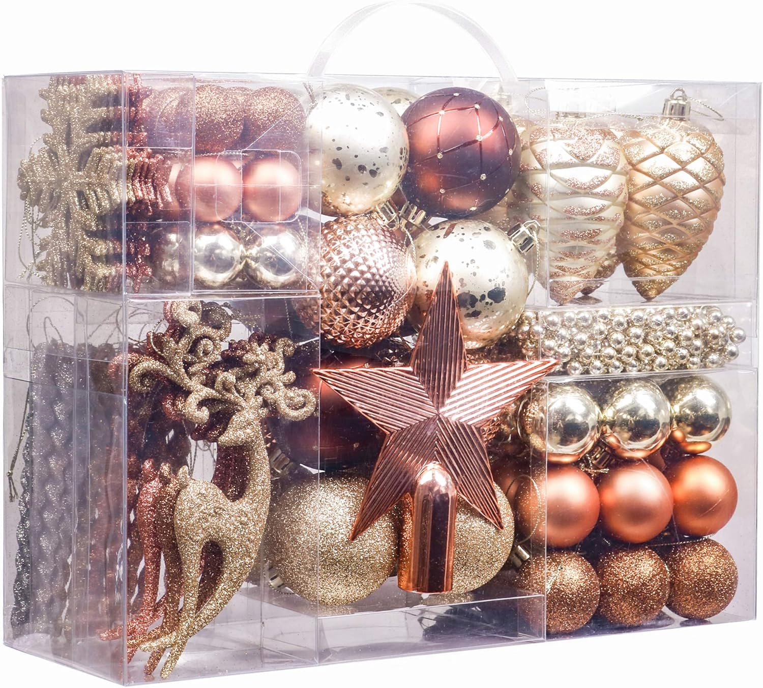 Valery Madelyn Christmas Baubles, 100pcs 3-10cm Shatterproof Pack with Tree Topper, Woodland Copper and Gold Christmas Ball Ornaments