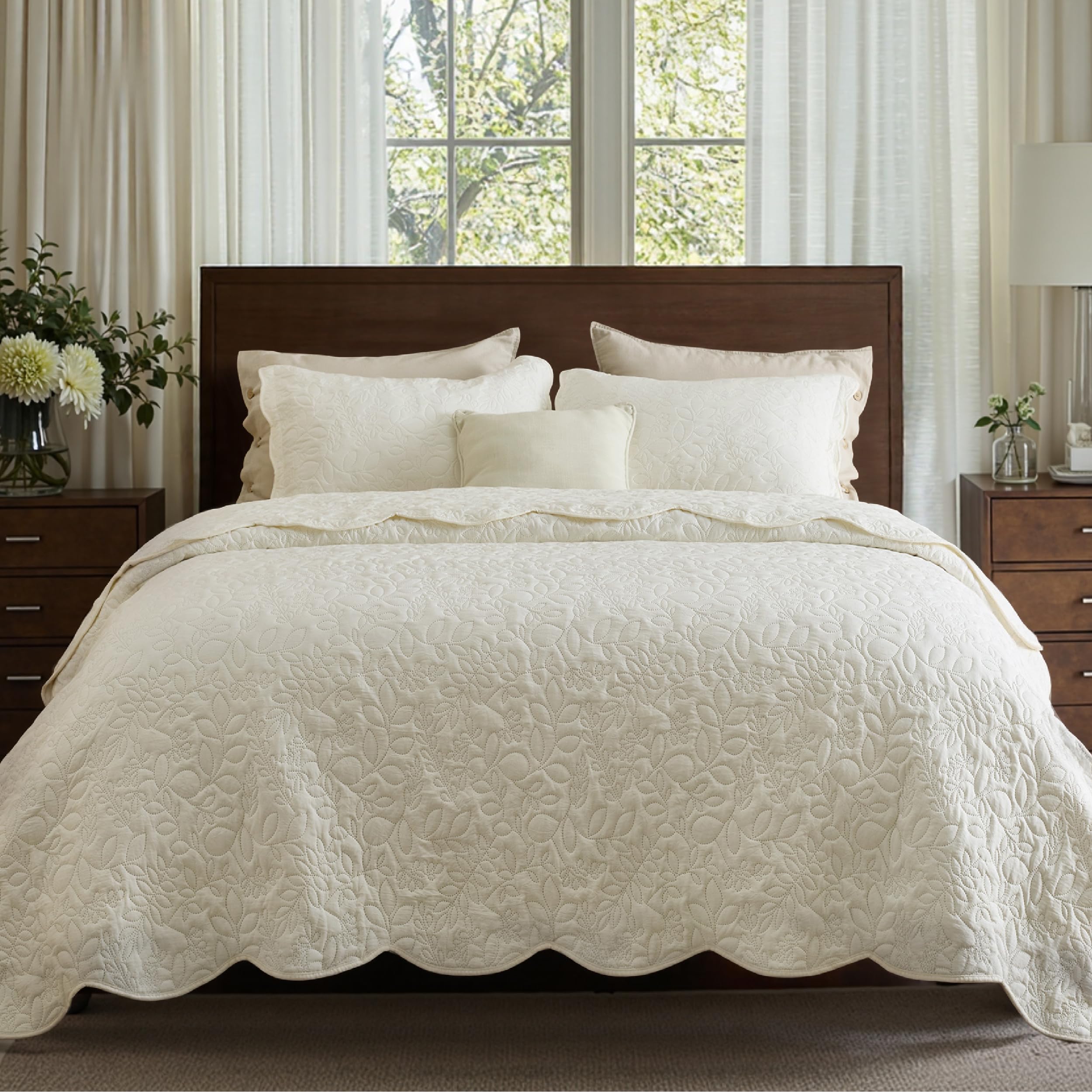 Photo 1 of Bedsure Quilts Queen Size - Ultra Soft Pre-Washed Bedspread - Lightweight Cream Yellow Comforter with 2 Pillow Shams - Summer Bedding Set with Leaf Design 90x96 Inch