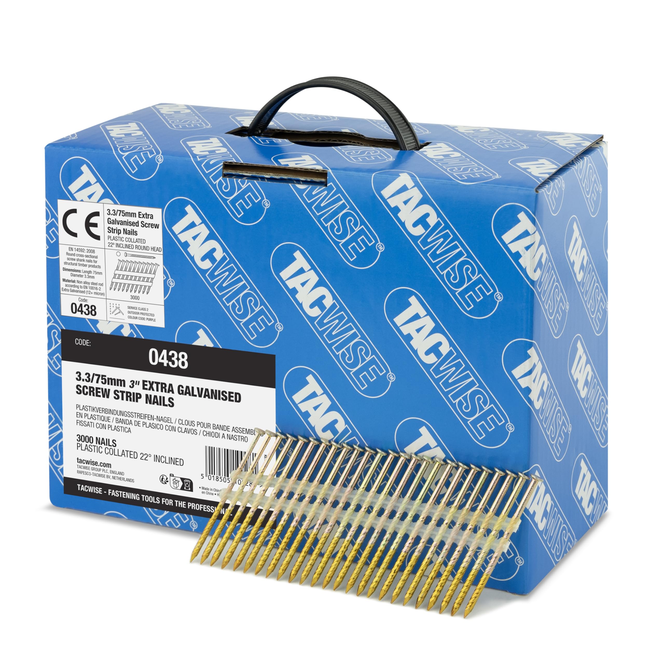 Tacwise 0438 Extra Galvanised Framing Nails 3.3 / 75 mm, Round Head, Screw Shank, 22° Inclined, Plastic Collated, Pack of 3000