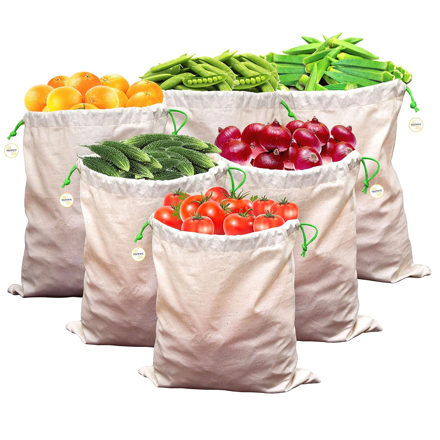 SIGMANS 100 Cotton Vegetable Storage Fridge Produce Bag EcoFriendly