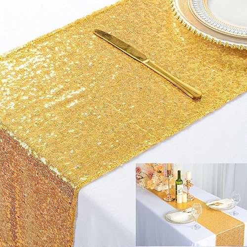 ShinyBeauty Sparkly Gold Sequin Table Runner 12x72 For Wedding/Events Decoration 30 x180cm Glitter Party Table Runner Outdoor Table Runners (Can Choose Your Color) (Gold Color)