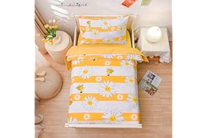 Btargot 4 Pieces Ultra Soft Toddler Bedding Set, Colorful Bees and Flower Pattern Stripe Comforter Sets for Baby Girls Boys, Yellow