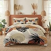 Pamnest Comforter Set Queen Size, Boho Tropical Leaves Beige 7 Pcs Bedding for Kids and Adults, Bohemian Retro Flower Bed Sheet Sets with Fitted Sheet 2 Pillowcase & 2 Sham for Bedroom Bed Decor
