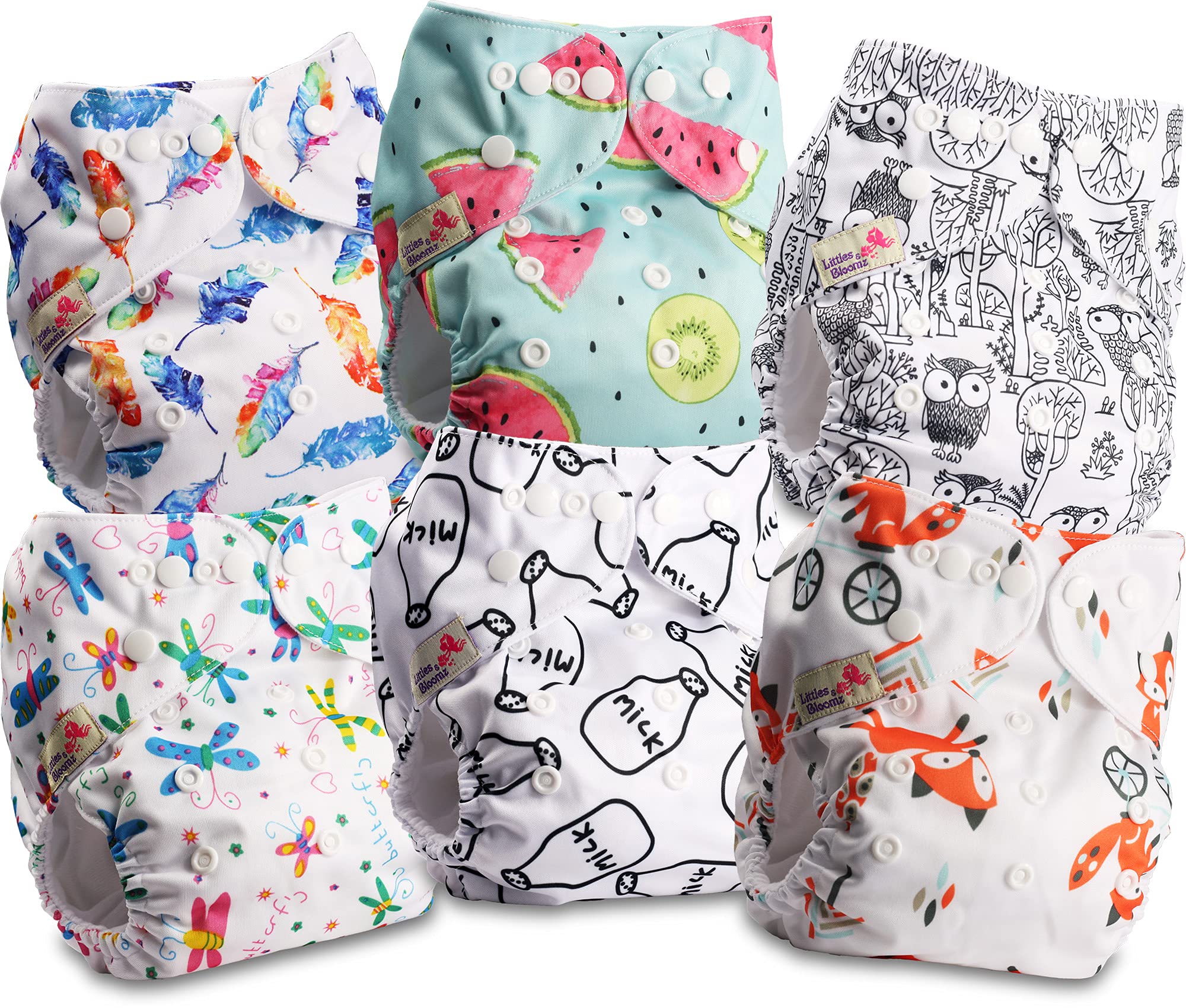 Littles and Bloomz Baby Reusable Pocket Nappy Cloth Diaper, Standard Popper, 6 Nappies, FLP2-0606