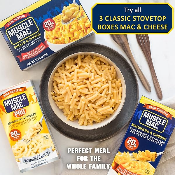 MACARONI AND CHEESE CARTON MADE WITH PROBIOTICS AND MTC OIL, 20G HIGH PROTEIN PER SERVING FOODS, REAL WHITE CHEDDAR CHEESE BY MUSCLE MAC PRO, (10 PACK)