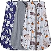 BSTOPPT 3 Pack Baby Sleep Sack 100% Rayon Cotton Baby Sleeping Bag 2-Way Zipper Toddler Wearable Blankets TOG 0.3. (Fox&Dinosaurs&Dark gray, 12-18 Months)