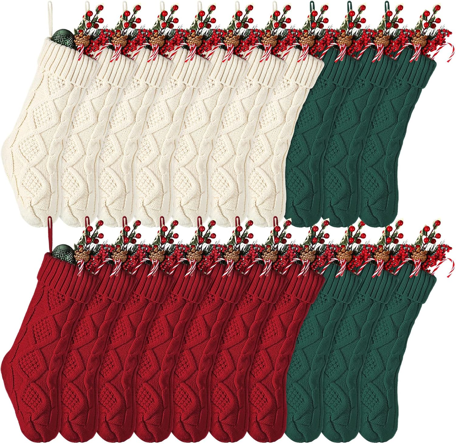 Stockings & Holders - BBTO 20 Pack Christmas Stockings 15 Inches Large Size Cable Knitted Xmas Stockings Felt Christmas Fireplace Hanging Stockings for Christmas Family Indoor Party Decorations (White Red Green)