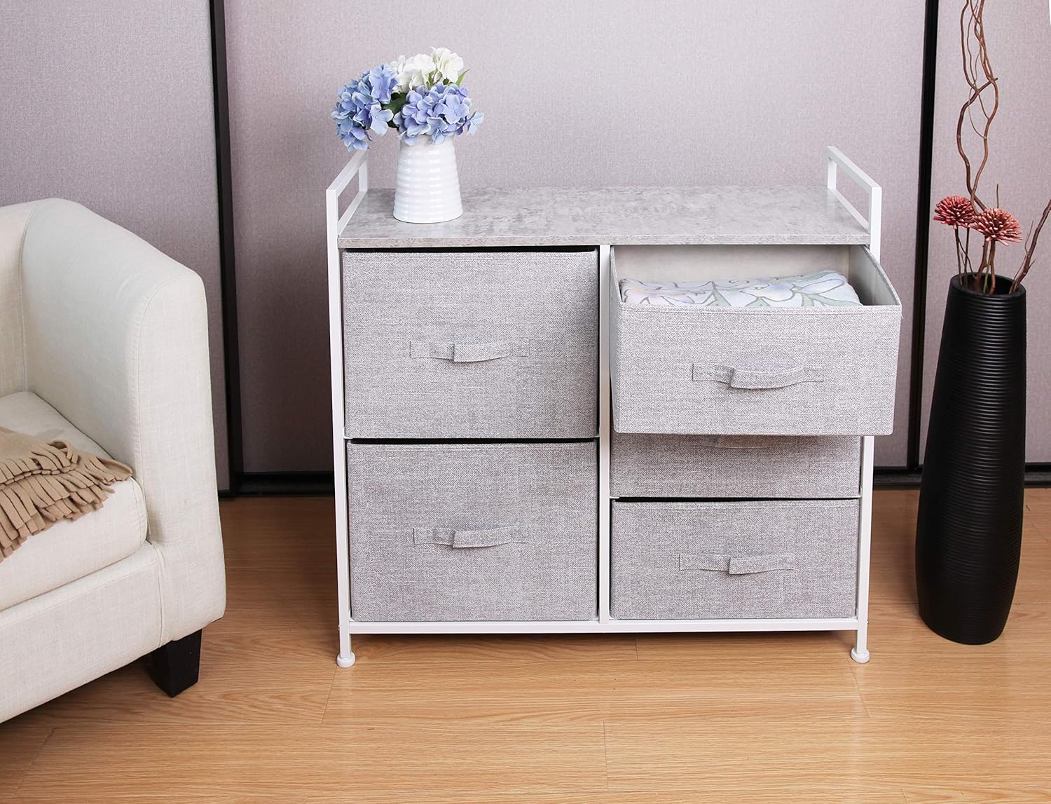 East Loft Storage Cube Dresser Organizer for Closet, Nursery, Bathroom, Laundry or Bedroom 5 Fabric Drawers, Solid Wood Top, Durable Steel Frame Light Grey : Baby