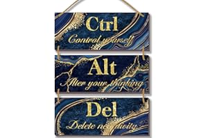 ONIZHITY 3 Pcs Blue and Gold Wall Decor Motivational Office Wall Decor Blue and Gold Bathroom Decor with Saying Ctrl Alt Del Farmhouse Wooden Wall Signs for Home Living Room Bedroom(Blue Gold 10X4")