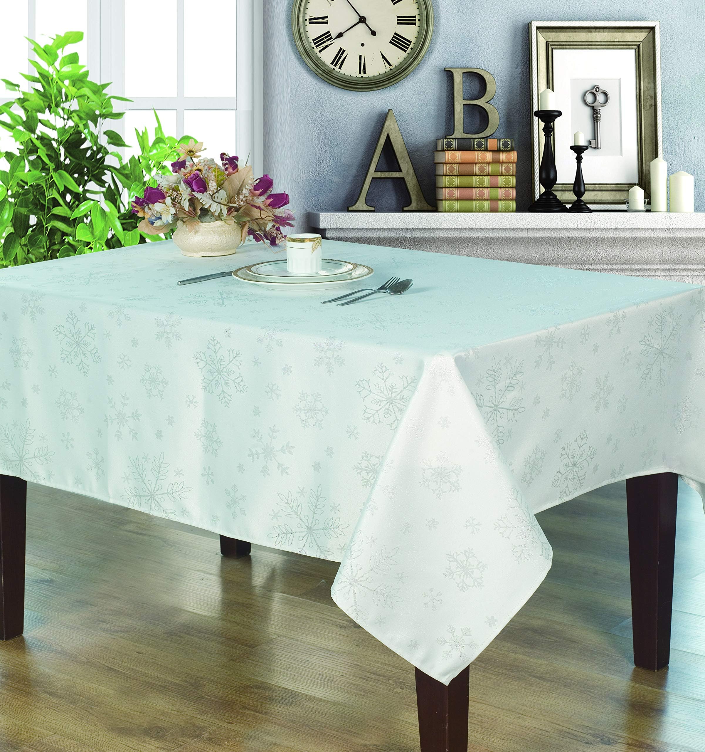 Home Secret Christmas Jacquard Waterproof Thick Elegant Tablecloth Liquid Repellent and Stain Resistant, Silver White Color Snowflake Pattern Oblong 60 x 120 Inch