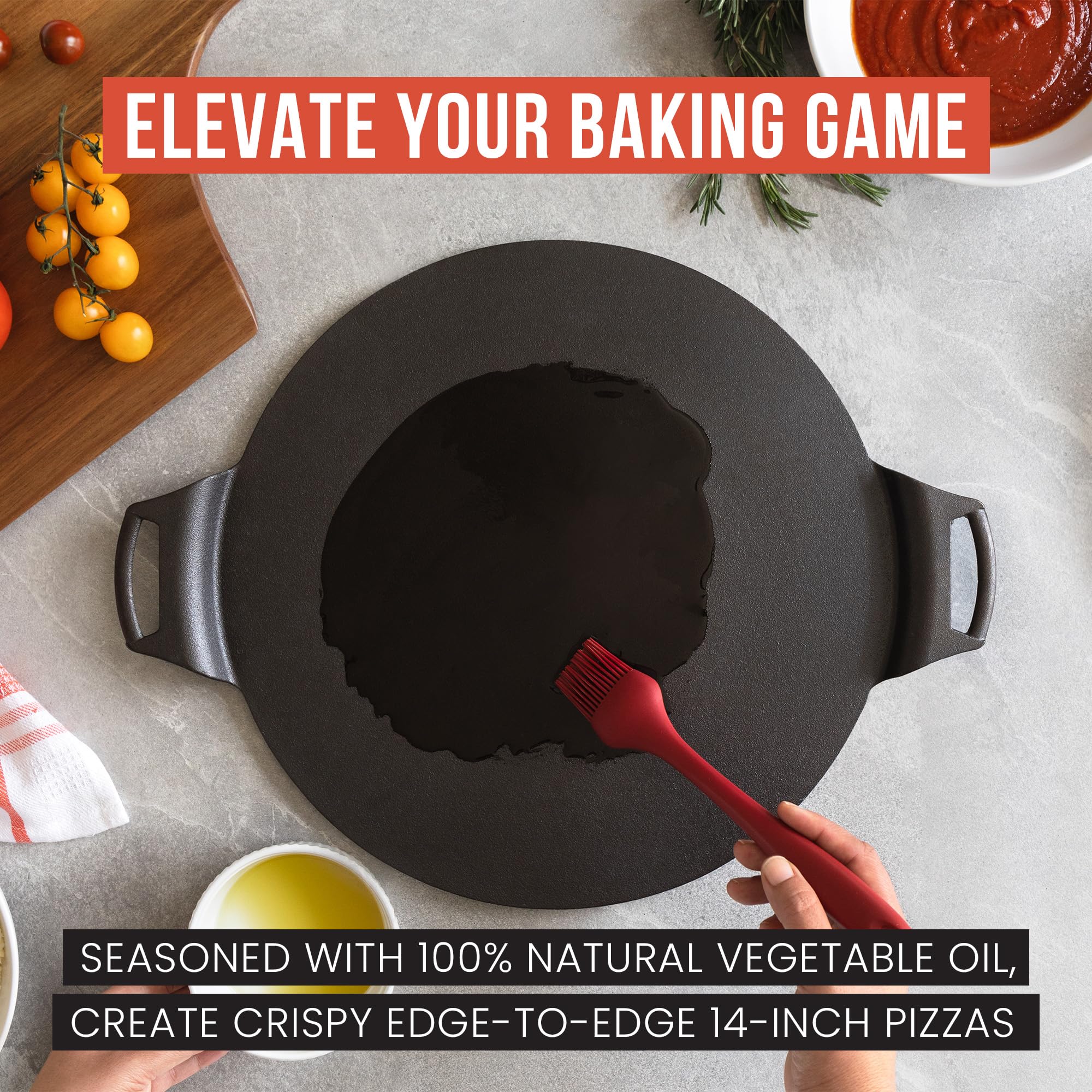 Chef Pomodoro Cast Iron Pizza Pan, Pre-Seasoned Dosa Pan with Handles, Flat Pan for Oven, Round Griddle for Dosa Tawa Roti, Comal for Tortillas, Baking Stove, Oven, Grill BBQ and Campfire (15-inch)