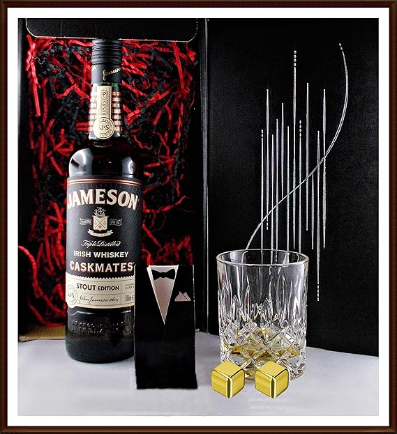 Geschenk Jameson Caskmates Stout Edition irischer Whiskey mit Glas & 2 Original Edelstahl Kühlsteine, goldfarbend im Smoking,