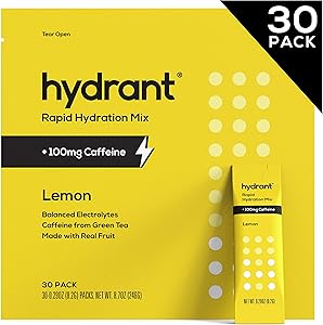 Hydrant Caffeine & L-Theanine Rapid Hydration Drink Mix, Electrolyte Powder Packets with Zinc, Use for: Workout, Sweating, Travel & Heat Recovery, Vegan, Lemon Flavor (30 Pack)