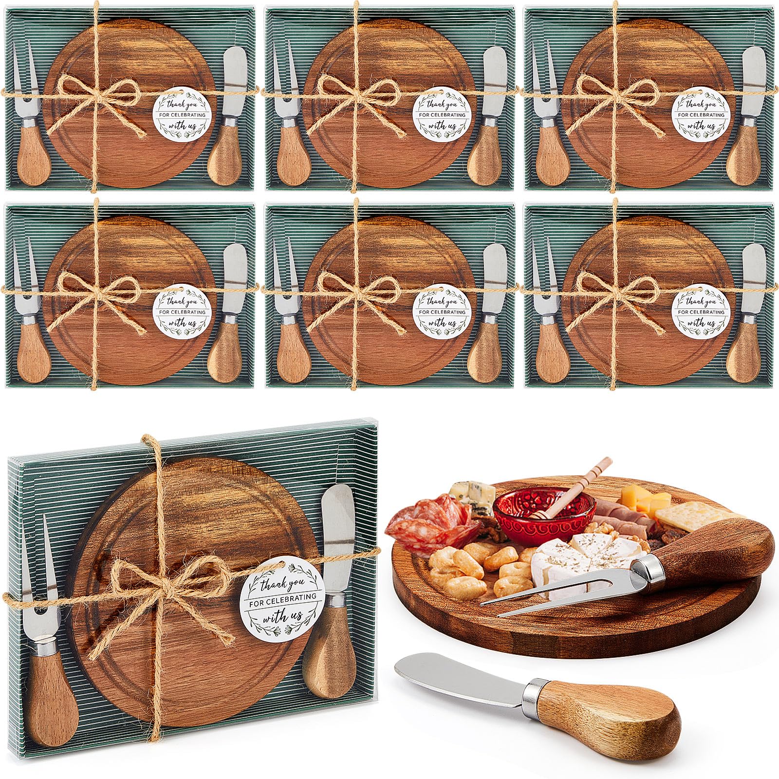 Photo 1 of Maxcheck 6 Sets Baby Shower Bridal Game Prizes for Winners Round Cheese Board Set Wood Mini Charcuterie Board with Knives and Forks Bulk Thank You Card with Gift Box for Guests Wedding Favor (Acacia)