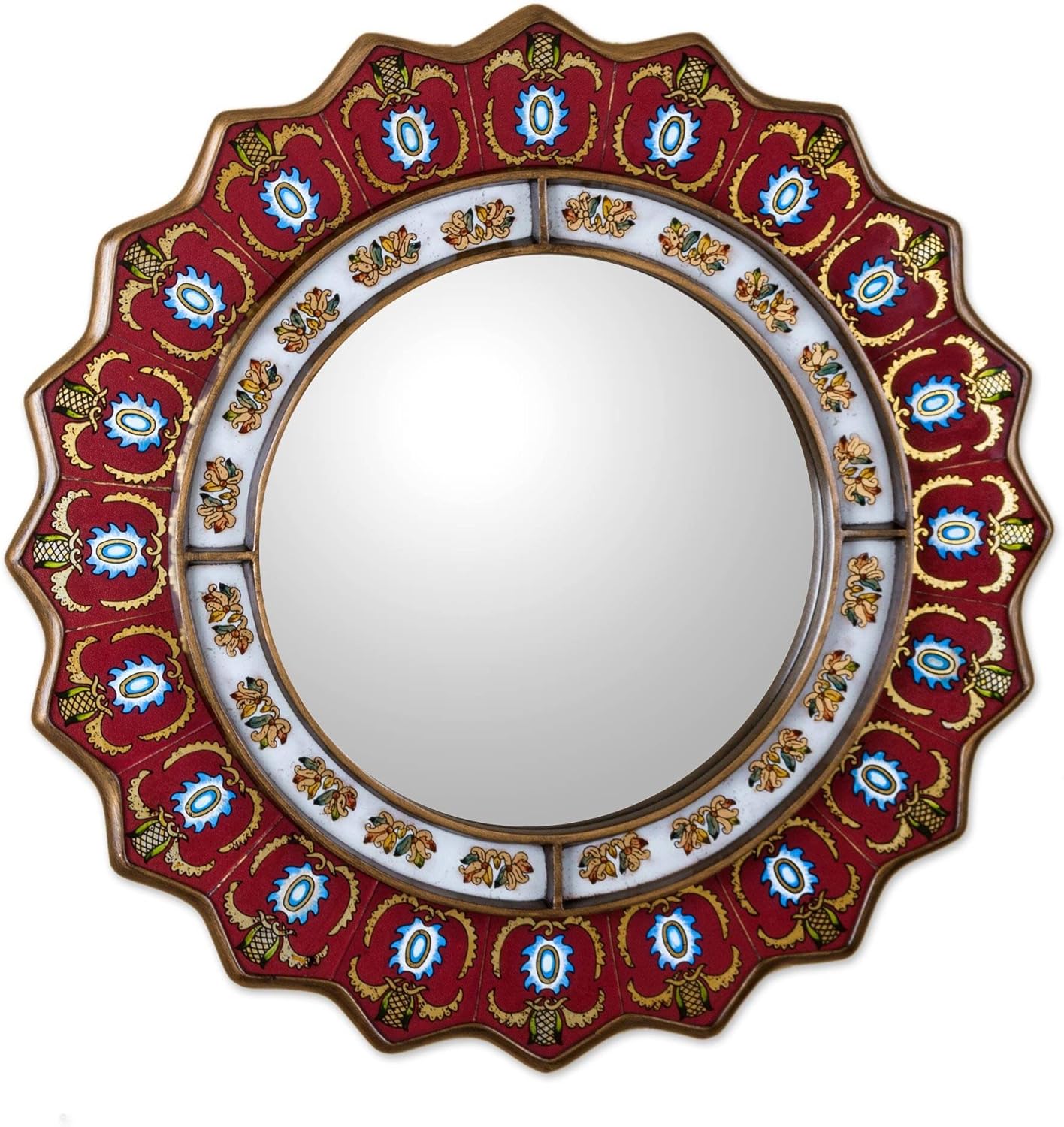 NOVICA MI0006 Red Reverse Painted Glass Wood Framed Decorative Star Wall Mirror From Peru 'Ruby Medallion' (large)